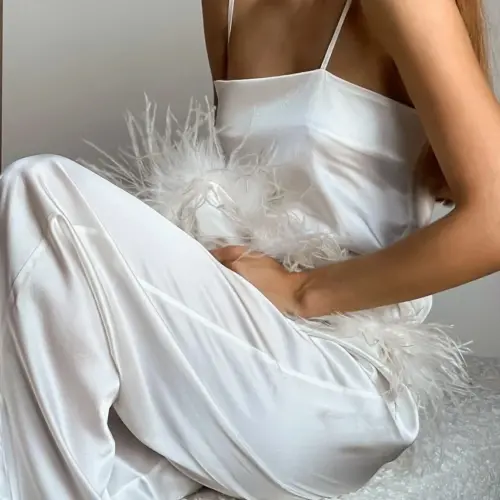 Elegant Feather-Trim White Cami Top