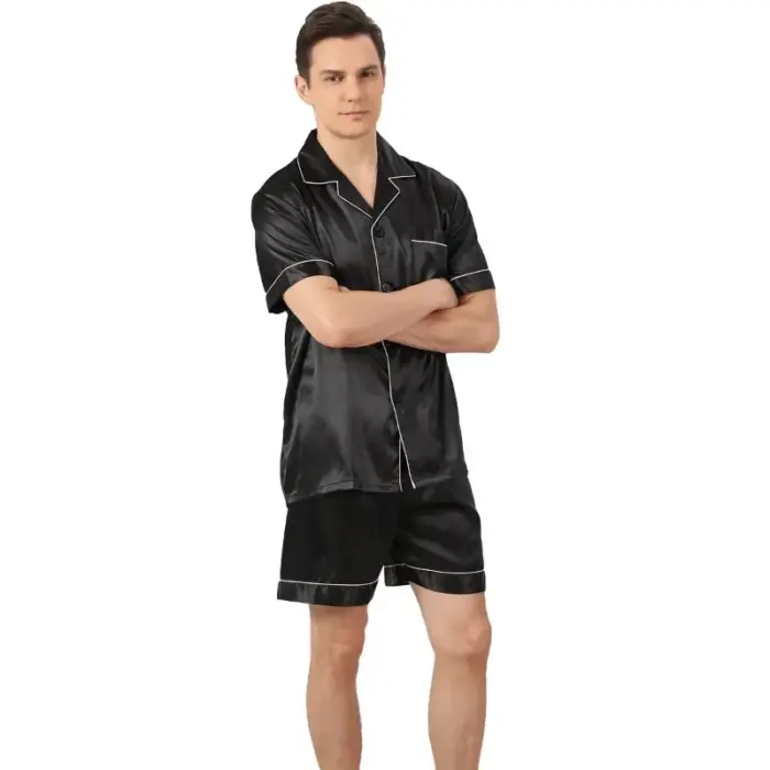 Classic Black Satin Short Pajama Set for Men - Image 5