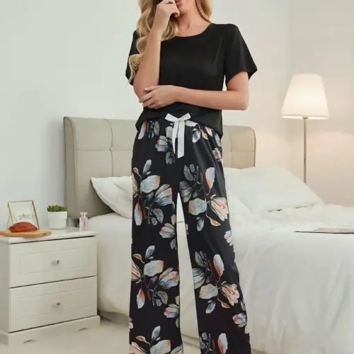 Black Short-Sleeve Top & Floral Wide-Leg Pajama Pants Set