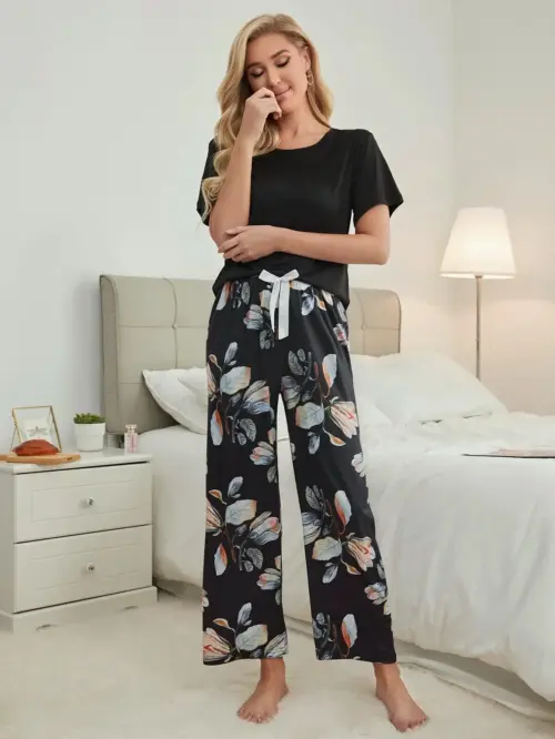 Black Short-Sleeve Top & Floral Wide-Leg Pajama Pants Set