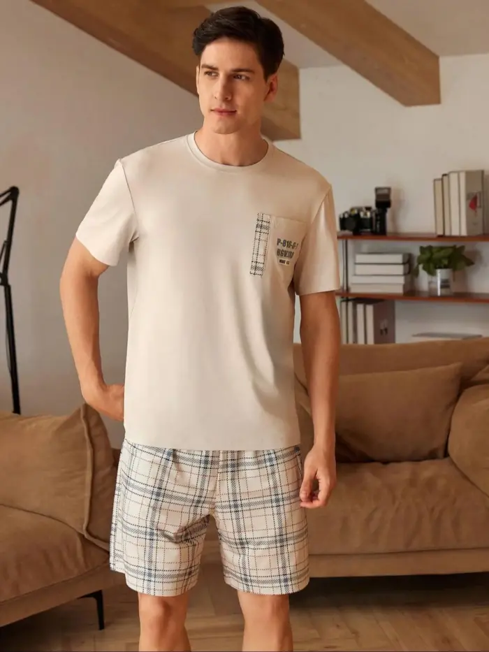 Men’s Casual Plaid Pajama Set