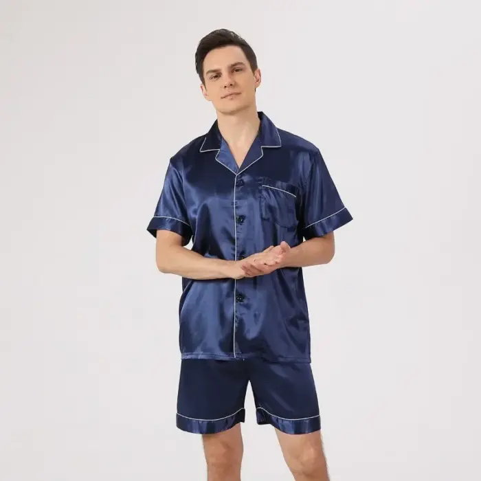 Classic Black Satin Short Pajama Set for Men - Image 4