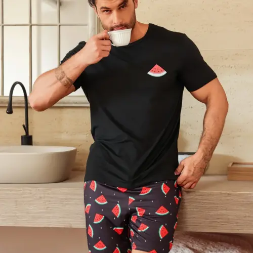 Casual Graphic T-Shirt & Printed Shorts Pajama Set for Men