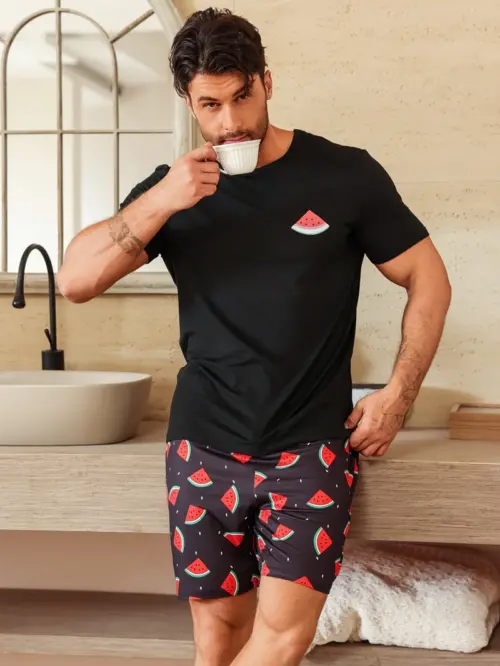 Casual Graphic T-Shirt & Printed Shorts Pajama Set for Men