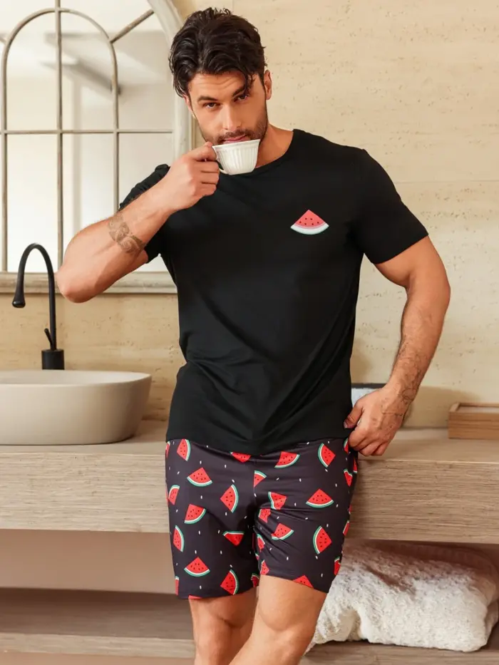 Casual Graphic T-Shirt & Printed Shorts Pajama Set for Men