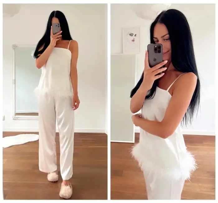 Elegant Feather-Trim White Cami Top - Image 3