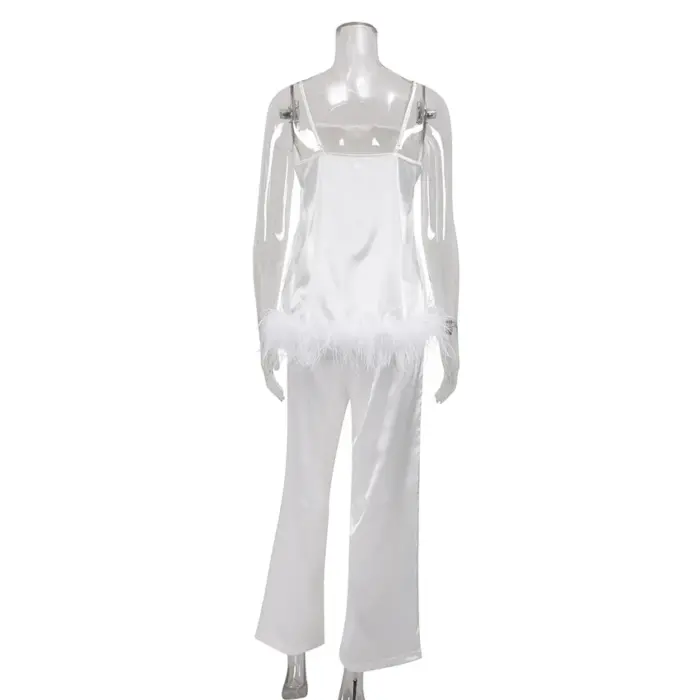 Elegant Feather-Trim White Cami Top - Image 5