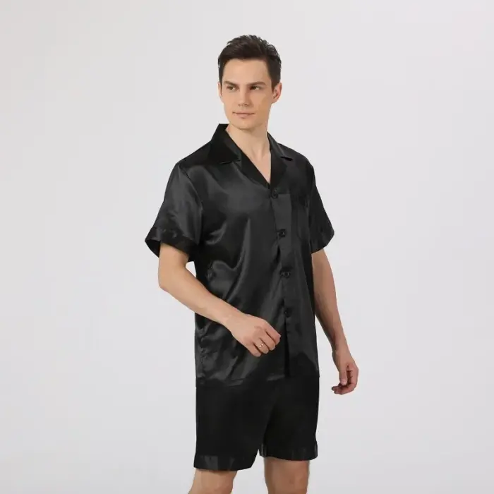 Classic Black Satin Short Pajama Set for Men - Image 2