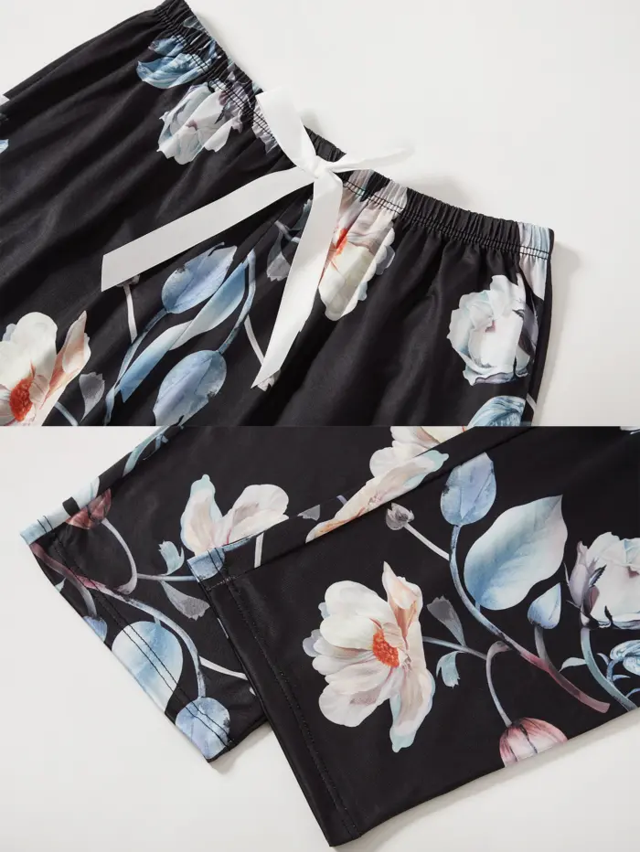 Black Short-Sleeve Top & Floral Wide-Leg Pajama Pants Set - Image 5