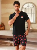 Casual Graphic T-Shirt & Printed Shorts Pajama Set for Men