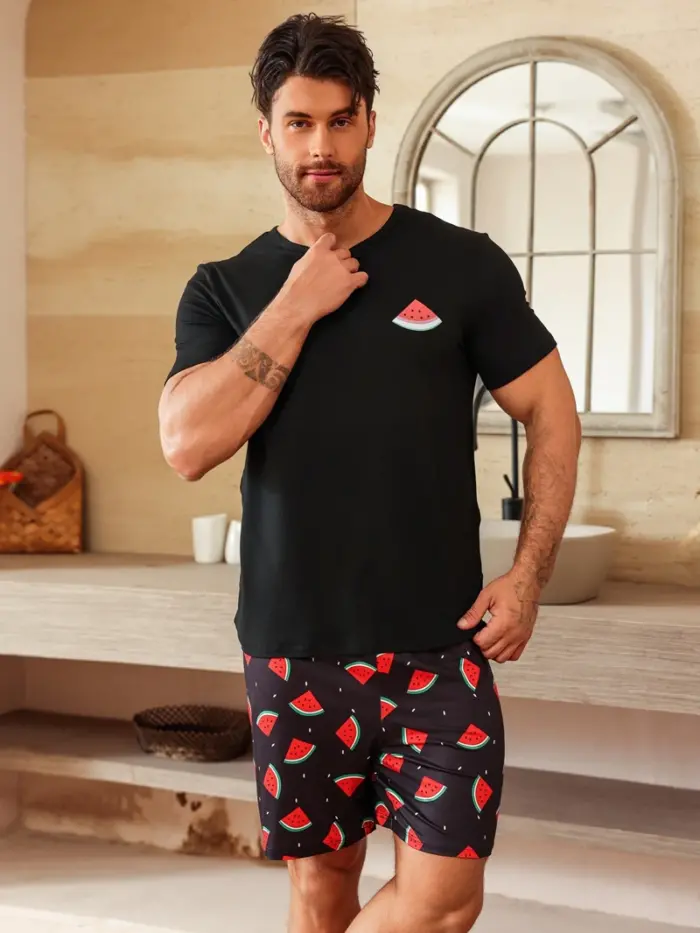 Casual Graphic T-Shirt & Printed Shorts Pajama Set for Men - Image 2